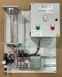Figure 5. LubriSource designed and installed an ORSCO Series 170 oil spray system for controlled oil delivery to oven chains at a food and beverage manufacturing plant. The system also alarms when the reservoir is low and when the spray nozzle is not oiling. (Source: LubriSource) Figure 5. LubriSource designed and installed an ORSCO Series 170 oil spray system for controlled oil delivery to oven chains at a food and beverage manufacturing plant. The system also alarms when the reservoir is low and when the spray nozzle is not oiling. (Source: LubriSource)