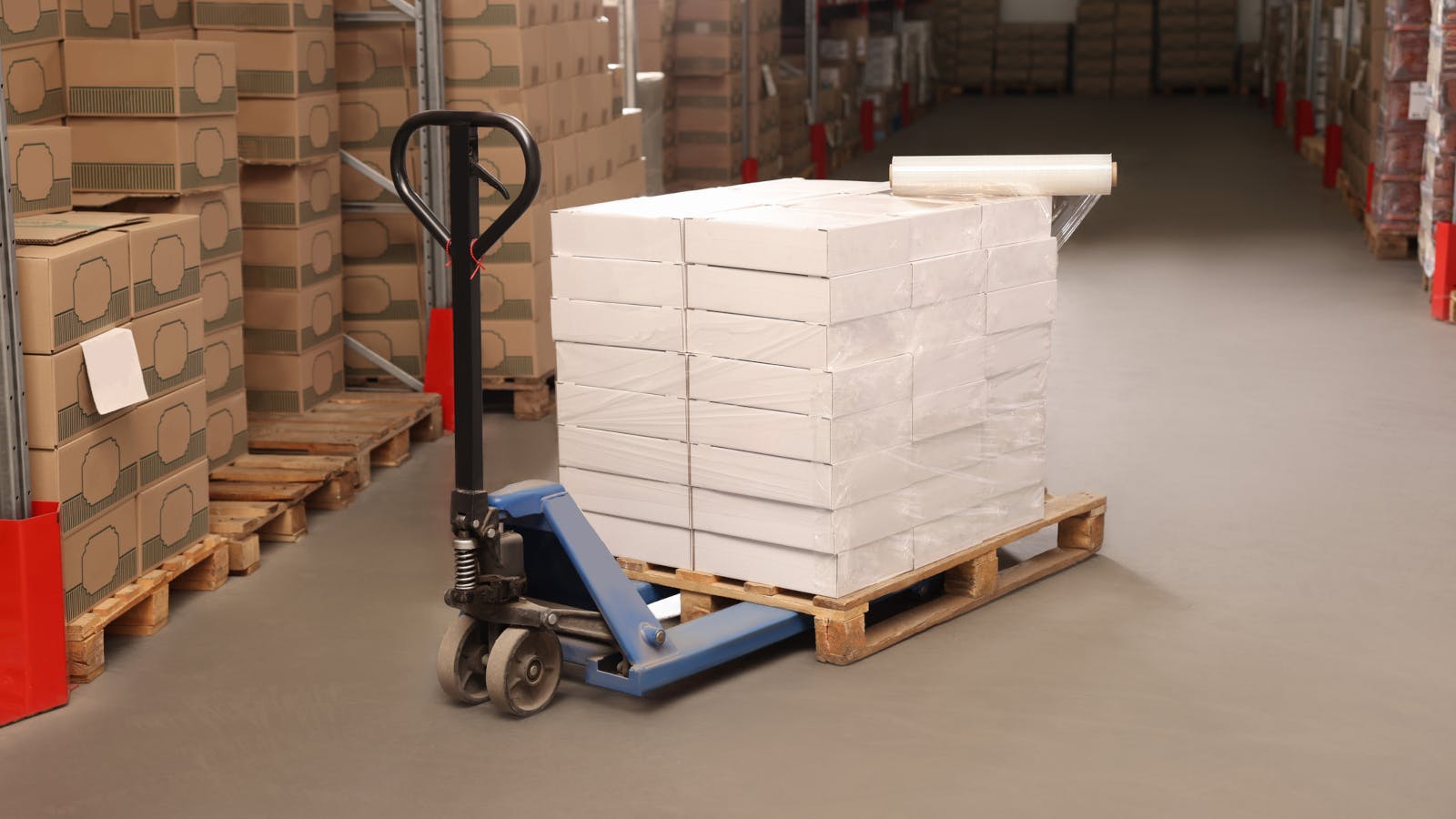 A pallet of goods on a pallet jack, enclosed in plastic stretch wrap.