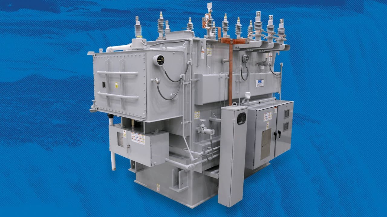 A product photo of a liquid-filled power transformer from Niagara Power Transformers.