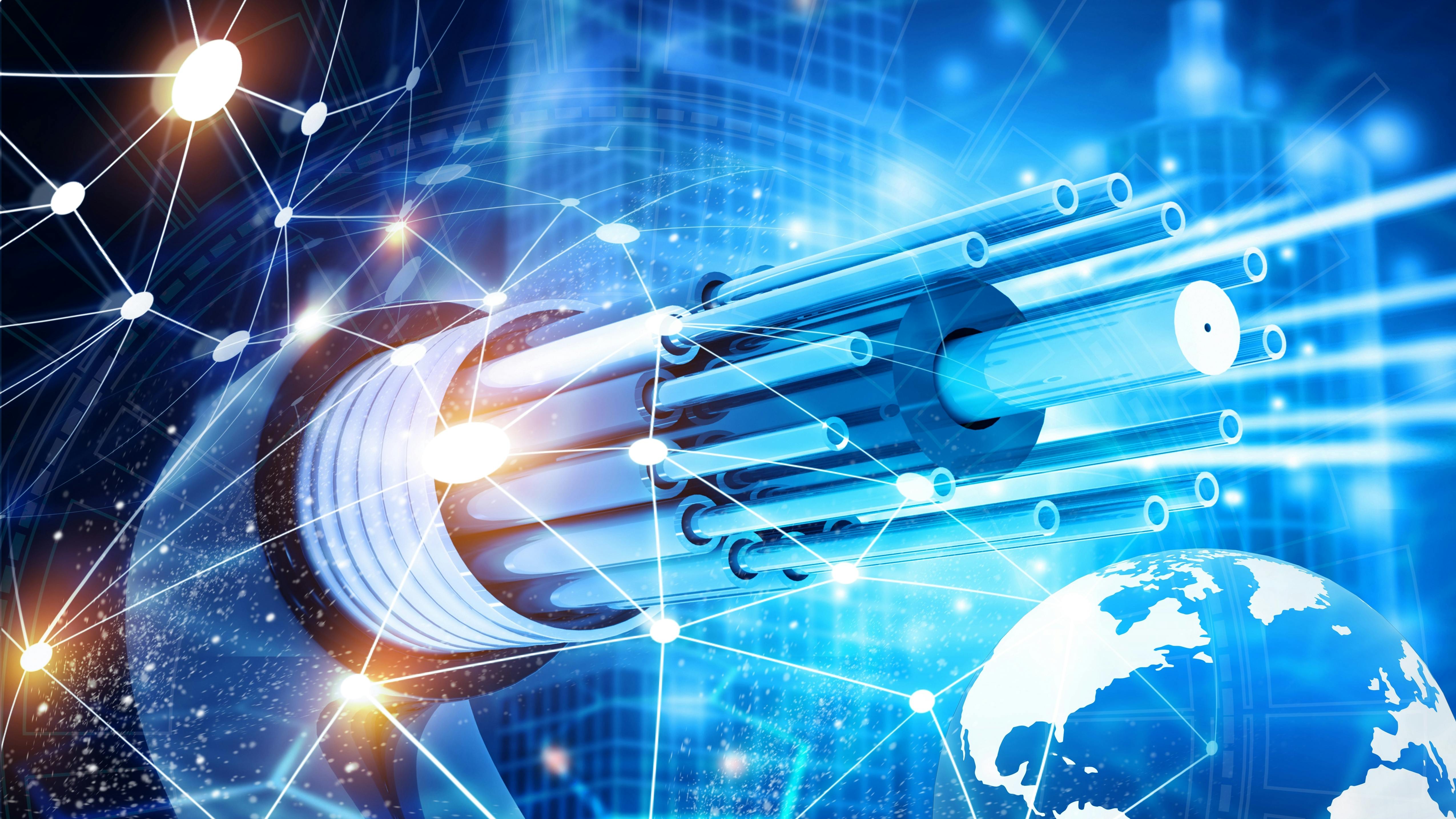 Neon blue illustration of a fiber optic cable for global digital connectivity