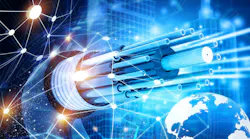 Neon blue illustration of a fiber optic cable for global digital connectivity