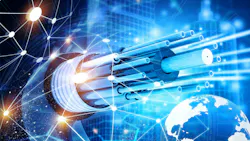 Neon blue illustration of a fiber optic cable for global digital connectivity