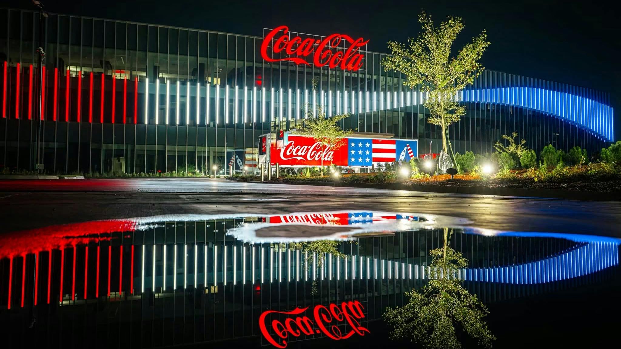 The new Coca-Cola Bottling Company United campus in Birmingham, Ala. is illuminated for America&rsquo;s 250th birthday in July. Image credit: Coca-Cola Bottling Company United