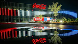 The new Coca-Cola Bottling Company United campus in Birmingham, Ala. is illuminated for America’s 250th birthday in July. Image credit: Coca-Cola Bottling Company United