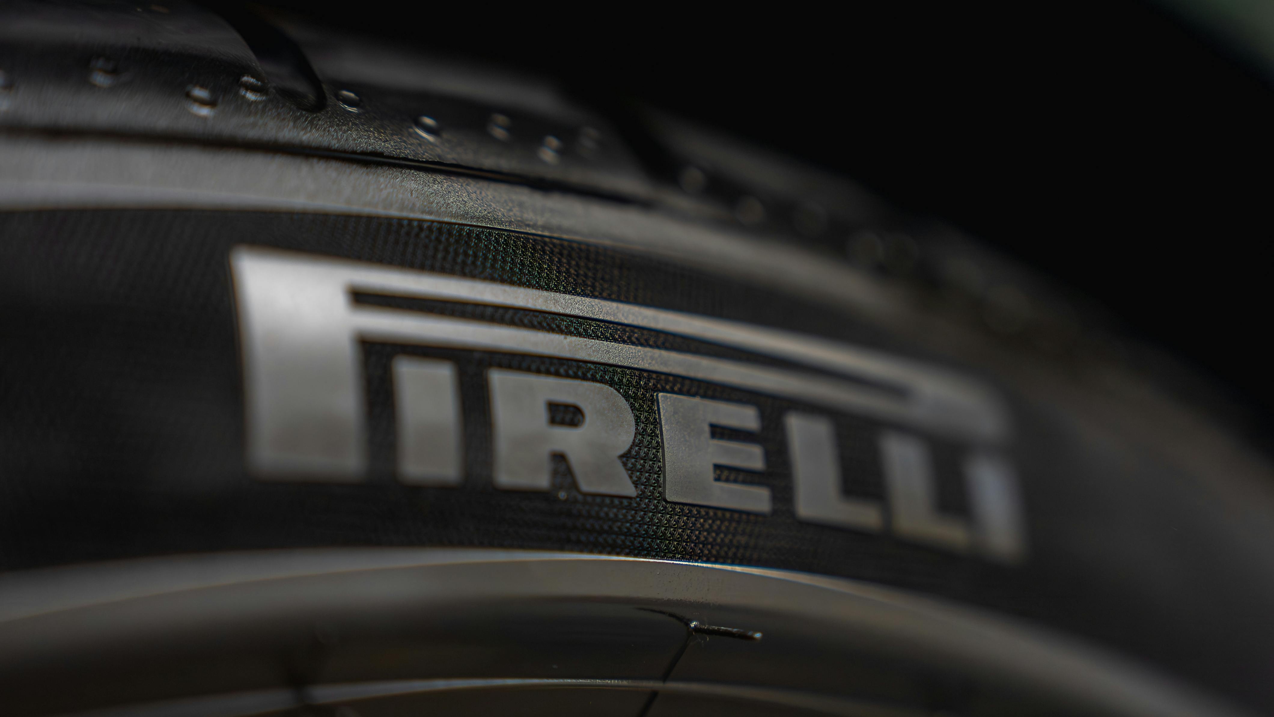 close-up of the Pirelli logo on a tire